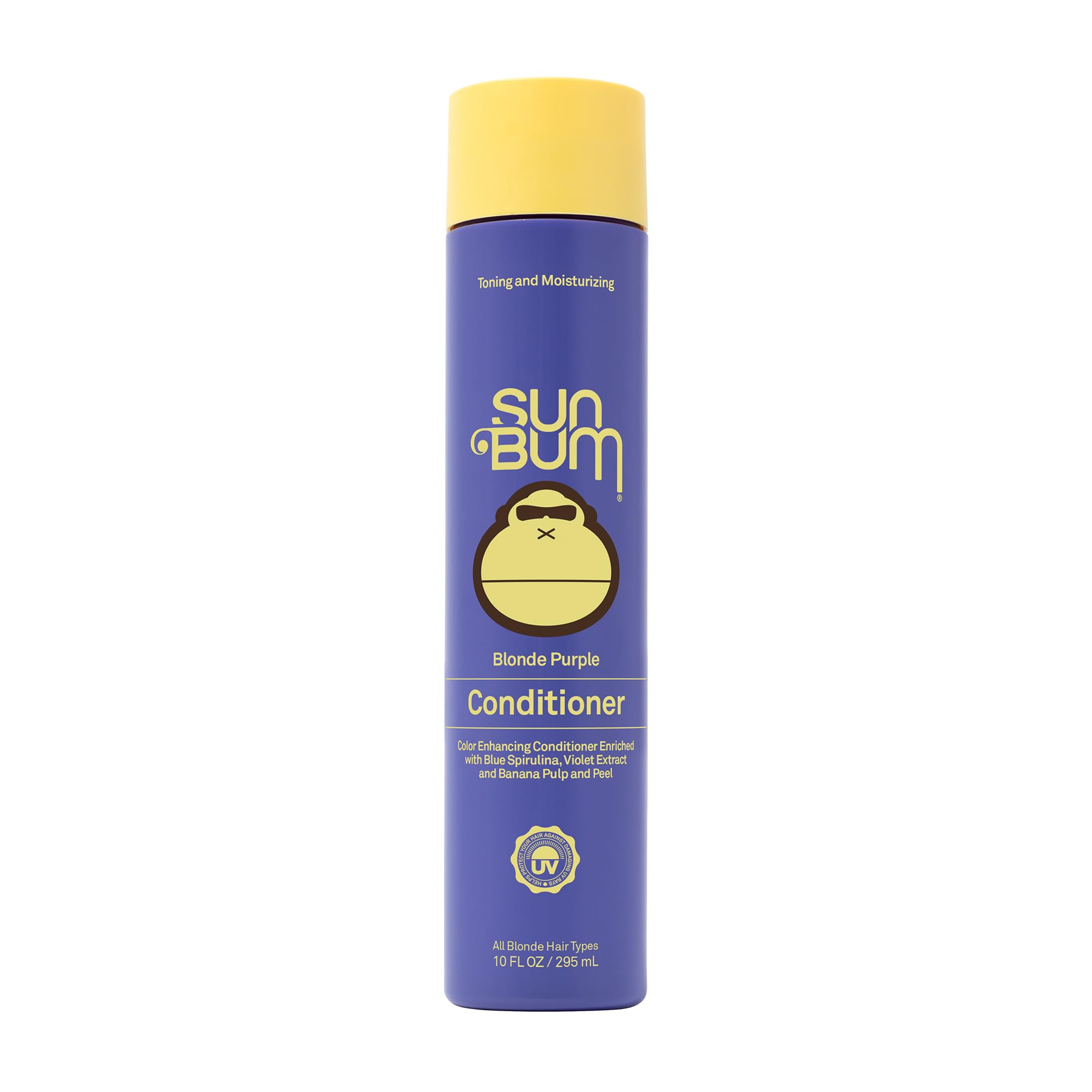 Sun Bum Blonde Purple Conditioner bottle shows color-enhancing formula for blonde hair.
