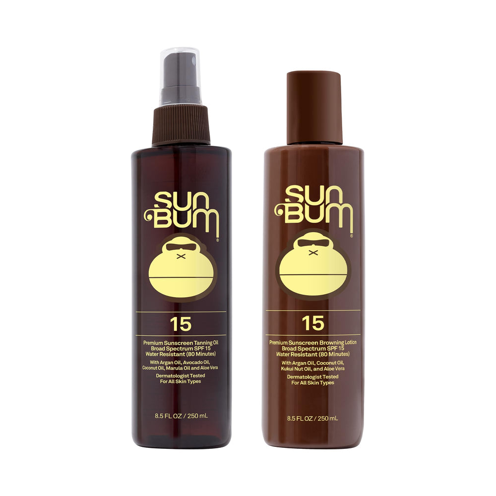 Sun Bum Browning Lotion SPF 15 bottle delivers gentle tan with aloe vera benefits.