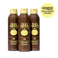 Sun Bum sunscreen spray SPF 30 bottle angle, easy application before sun exposure.