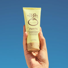 Sun Bum Original SPF 50 face lotion label highlighting fragrance-free formula
