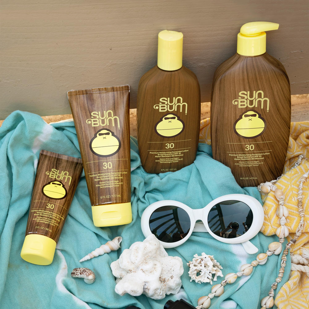 Sun Bum Original SPF 30 sunscreen lotion shown with water resistance during activity.