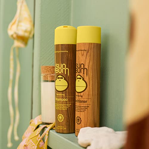 Sun Bum Revitalizing Conditioner dispenser showing easy, mess-free daily conditioning for shine