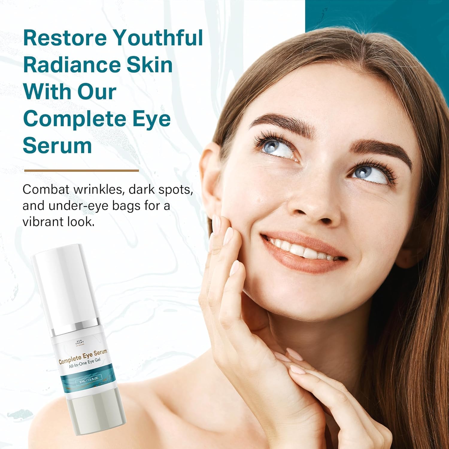 Close-up label on Sun Coast Sciences Complete Eye Serum highlighting ingredient quality for eye-area care.