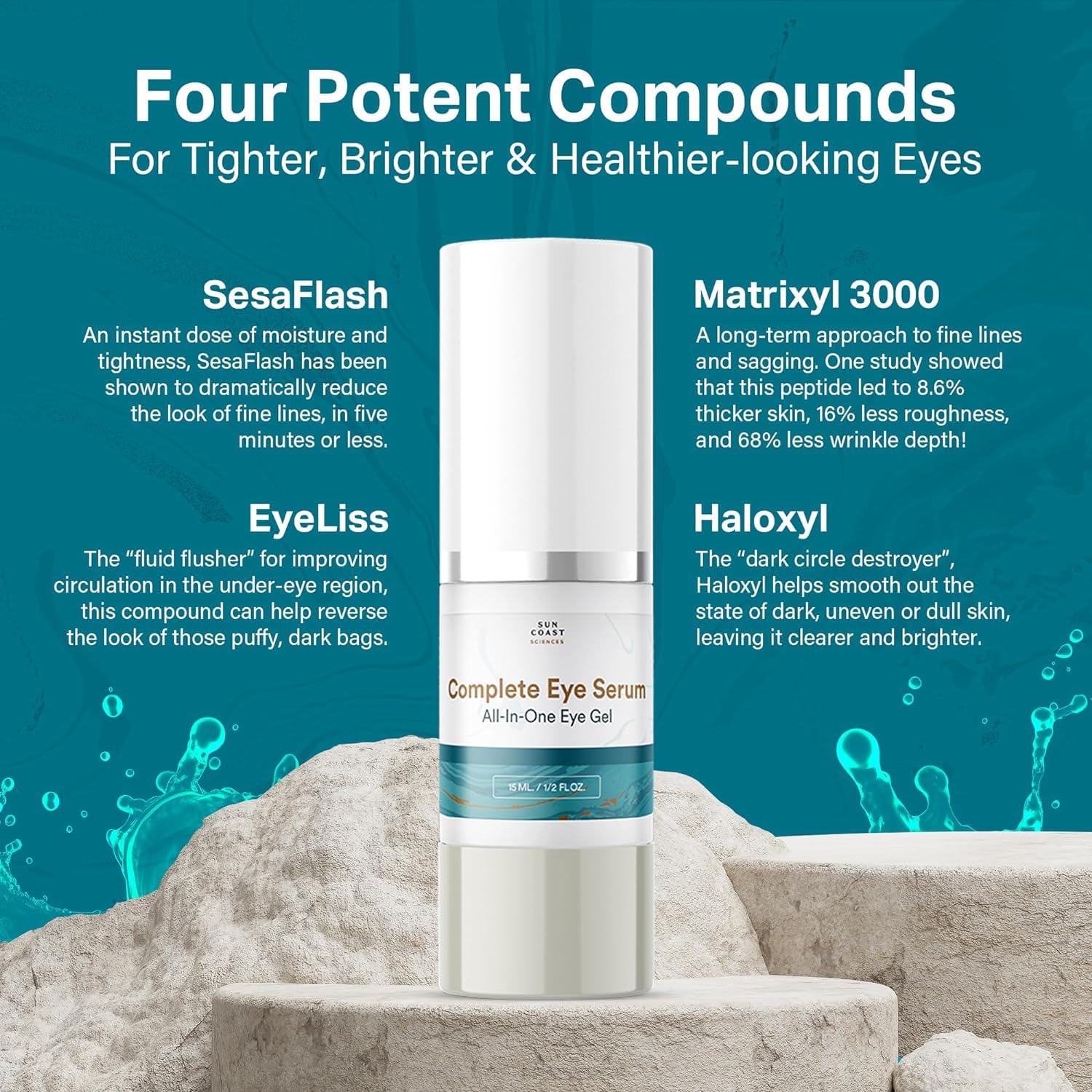 Gently applying Sun Coast Sciences Complete Eye Serum under the eye for hydration.