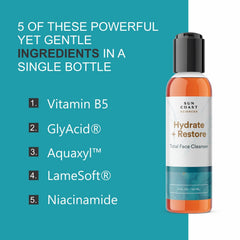 Sun Coast Sciences Hydrate + Restore cleanser bottle close-up showcases packaging.