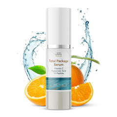 Sun Coast Sciences Total Package Serum bottle closeup, highlighting anti-aging benefits for daily care.