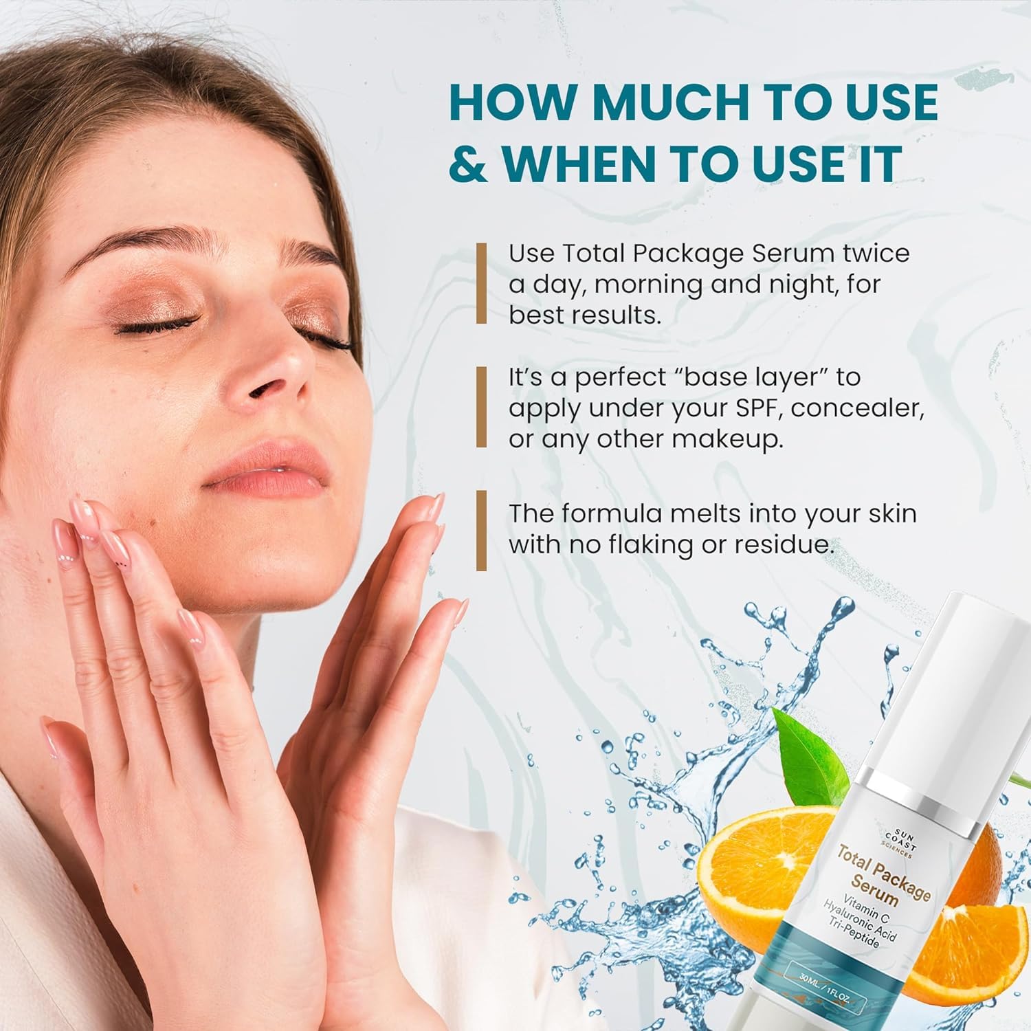 A user applies Sun Coast Sciences Total Package Serum to face in a simple morning routine.
