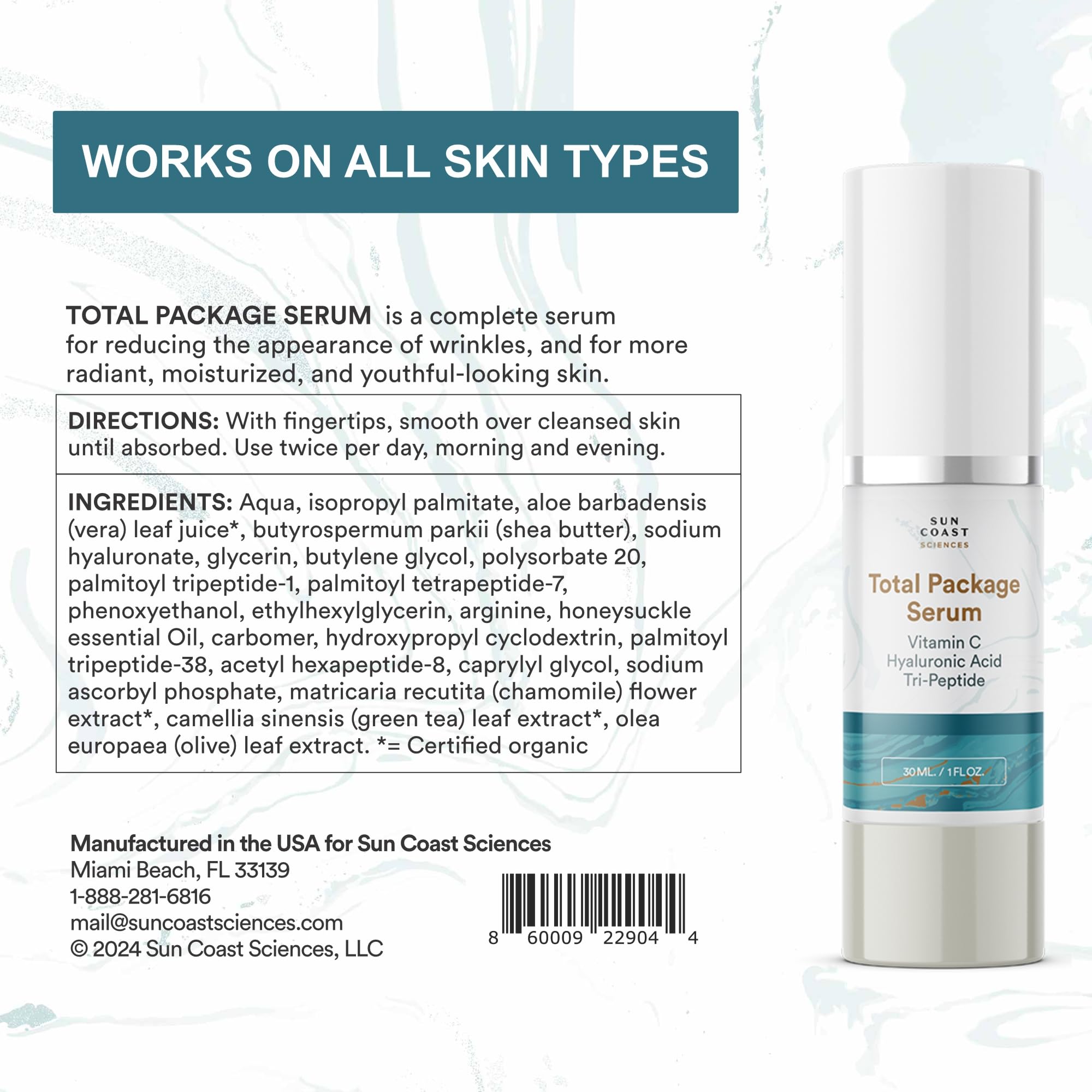 Sun Coast Sciences Total Package Serum ingredients highlight vitamin C and peptides.