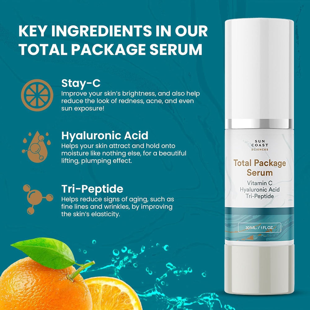 Sun Coast Sciences Total Package Serum vitamin C corrector brightens and evens complexion.