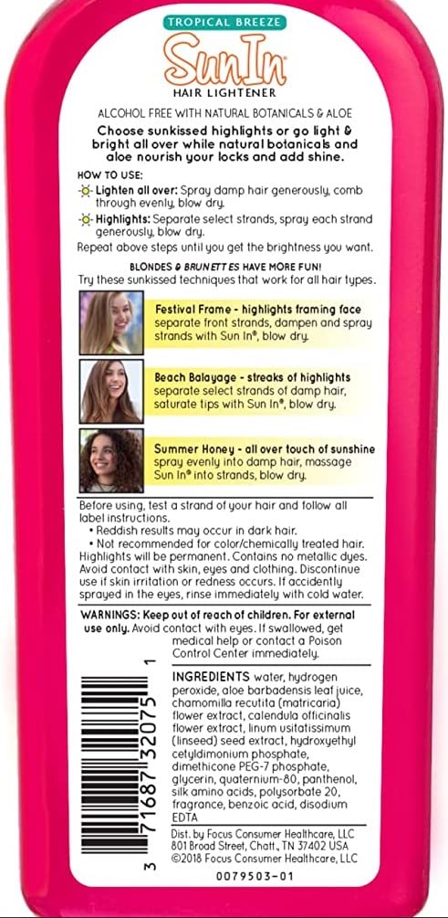Sun-In bottle label close-up highlighting alcohol-free formula and botanical extracts