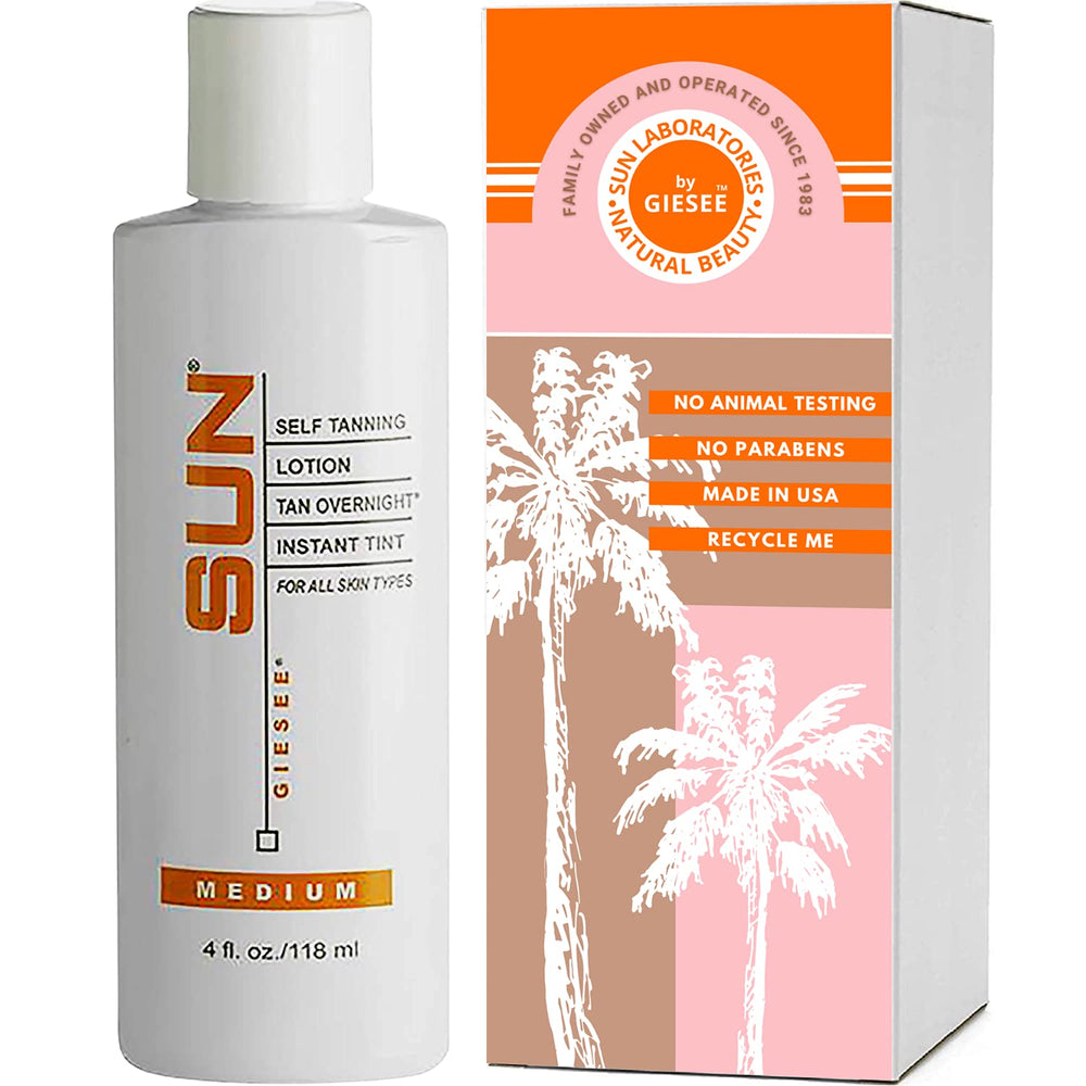 Sun Laboratories by Giesee Tan Overnight Lotion bottle highlighting a smooth, even tan.