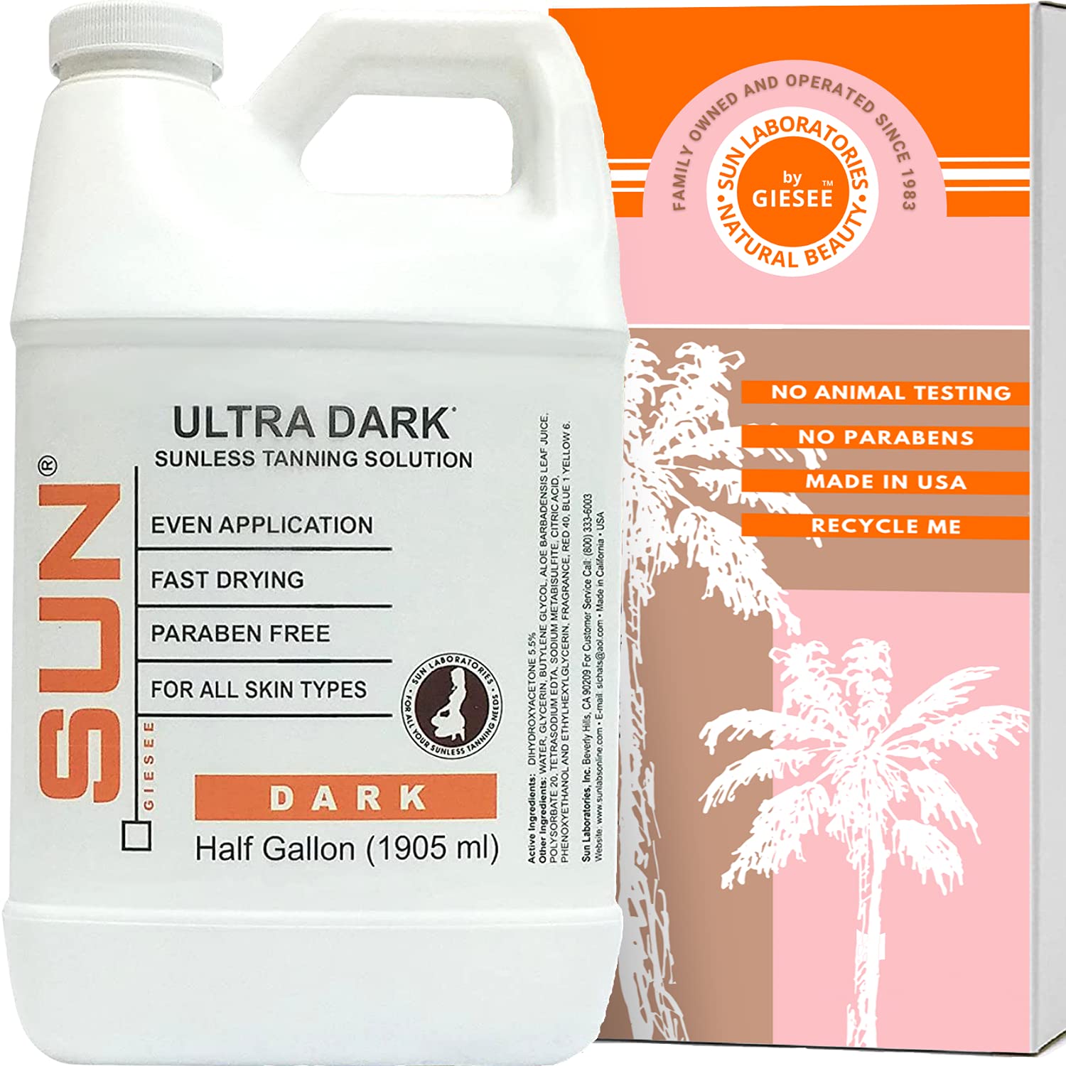 Sun Laboratories Ultra Dark spray tan solution in a half-gallon kit for an even at-home tan.