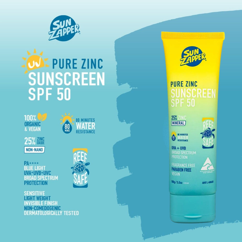 Sun Zapper Pure Zinc SPF 50 tube ready for beach days.