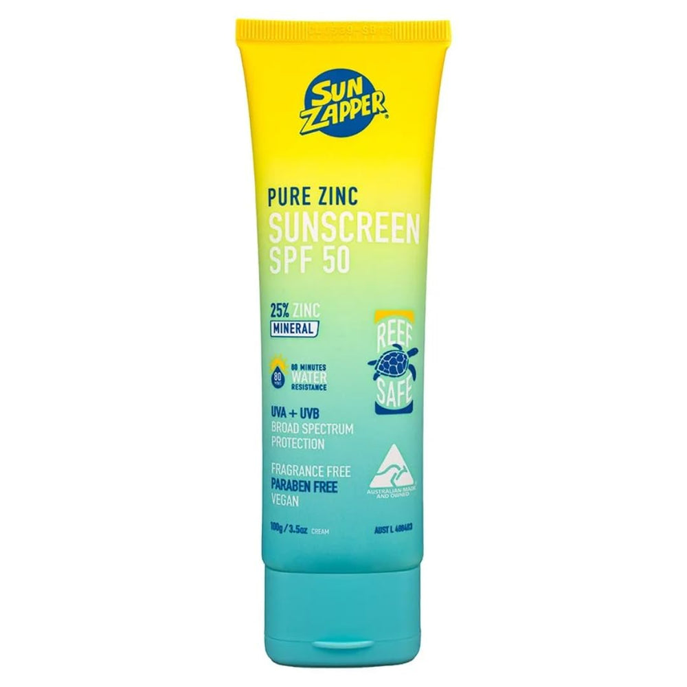 Sun Zapper Pure Zinc SPF 50 bottle, no white cast and reef safe.