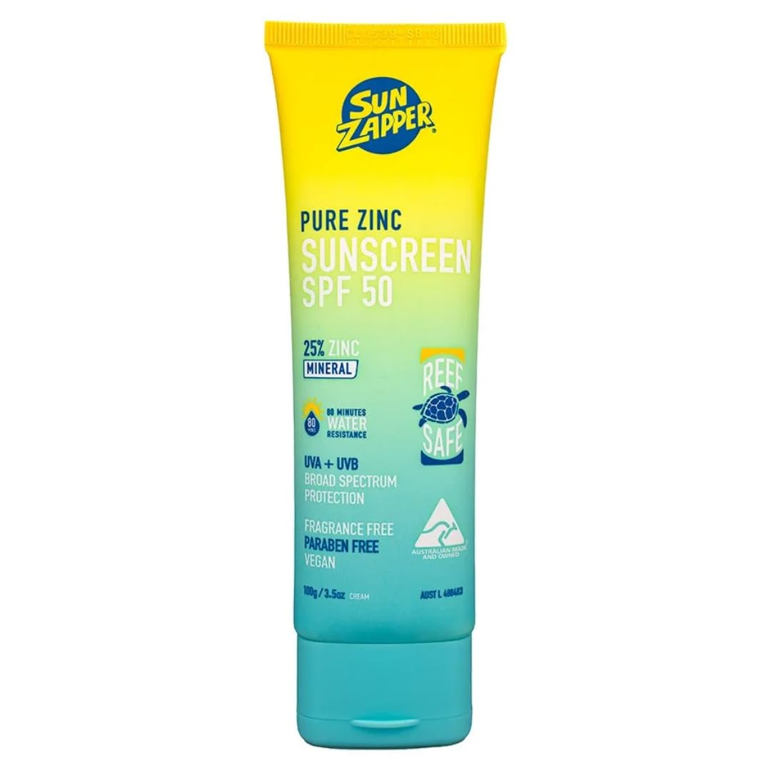 Sun Zapper Pure Zinc SPF 50 bottle, no white cast and reef safe.