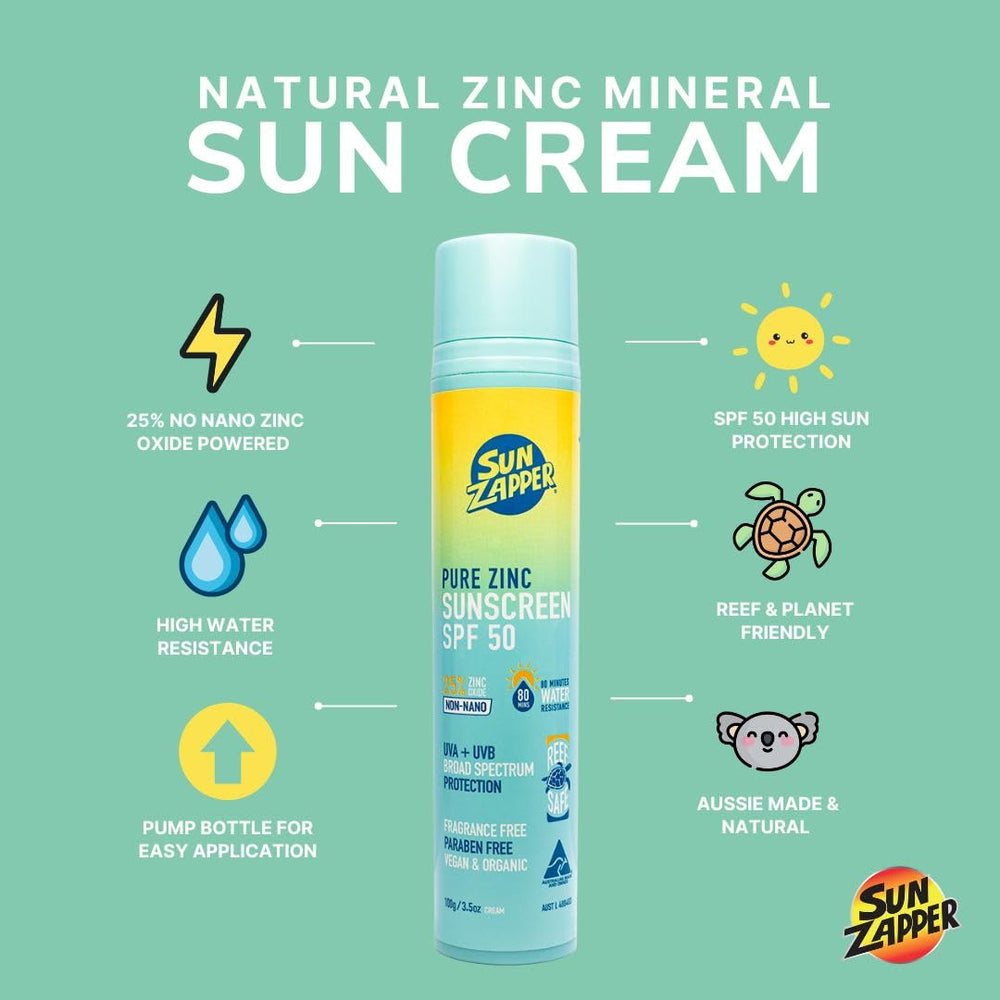 Sun Zapper UV protection label highlights 25 zinc oxide strength.