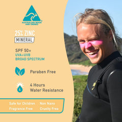 Sun Zapper SPF50 water-resistant stick ready for beach and sports use.