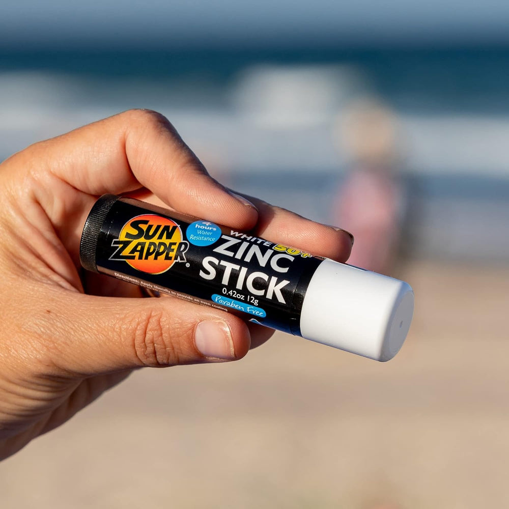 Sun Zapper sunscreen stick close-up highlights zinc oxide for mineral-based protection