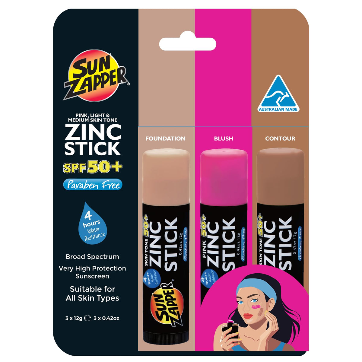 Sun Zapper Sunscreen Stick Light Concealer provides SPF 50+ for a smooth concealer finish