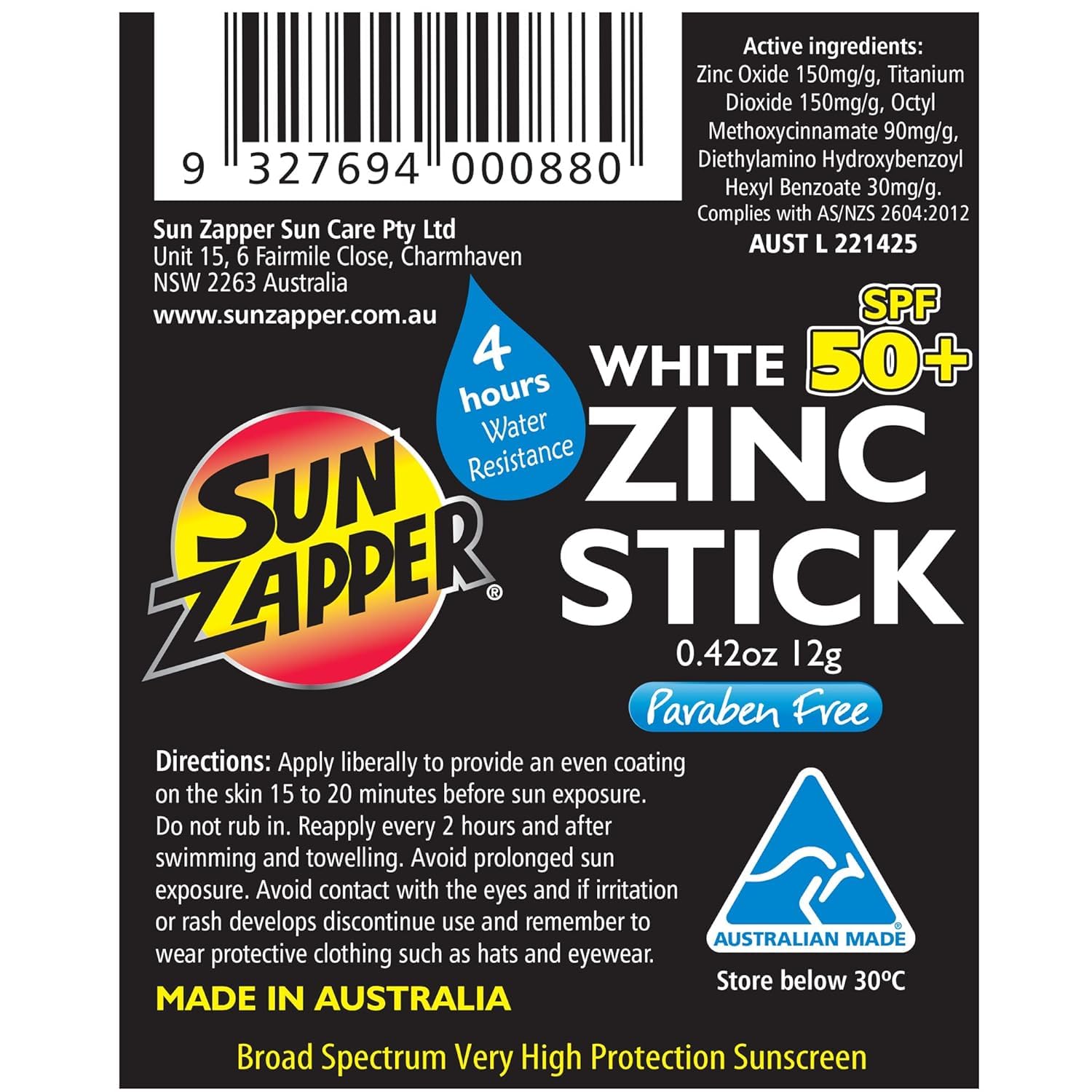 Sun Zapper sunscreen stick packaging emphasizes Australian-made quality