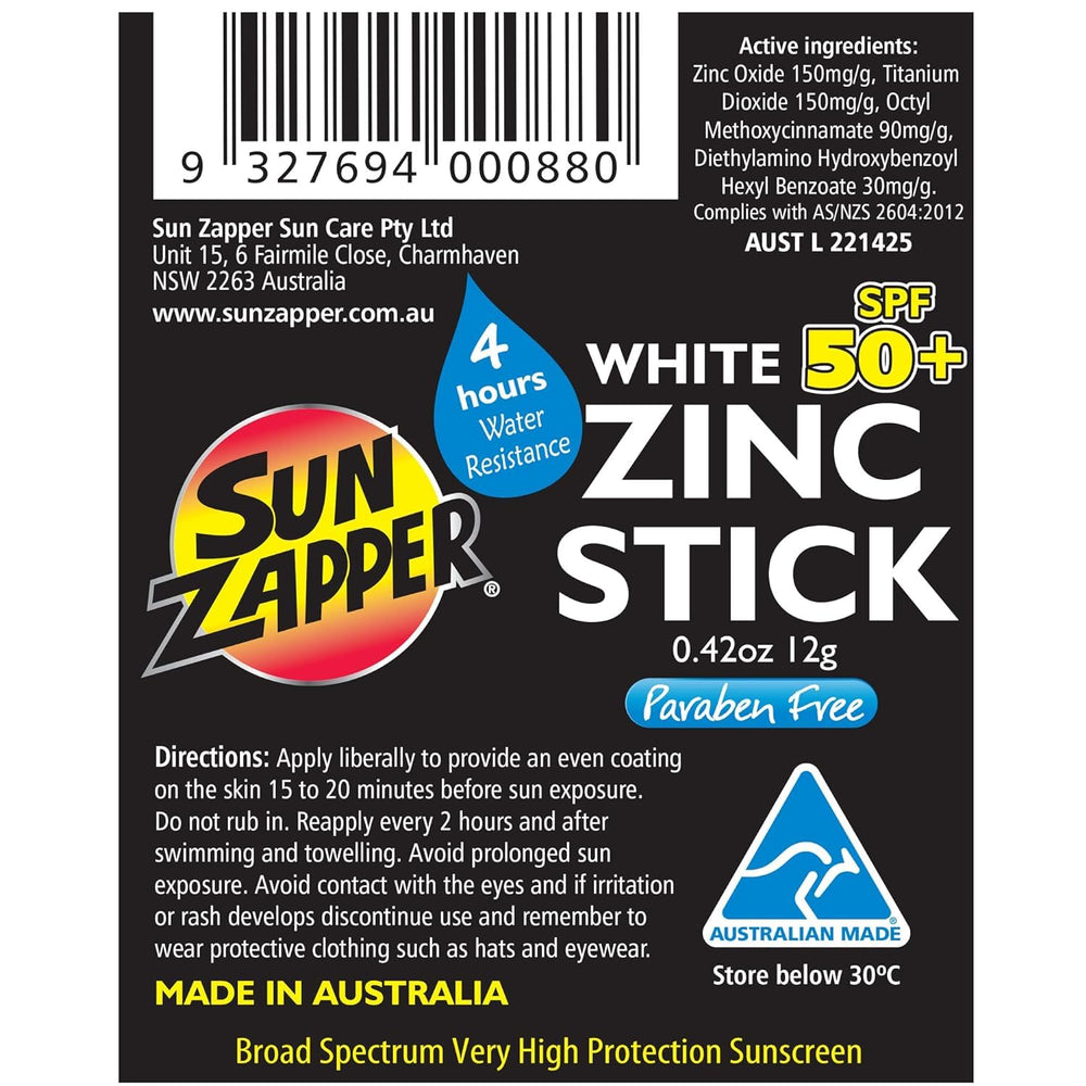 Sun Zapper sunscreen stick packaging emphasizes Australian-made quality
