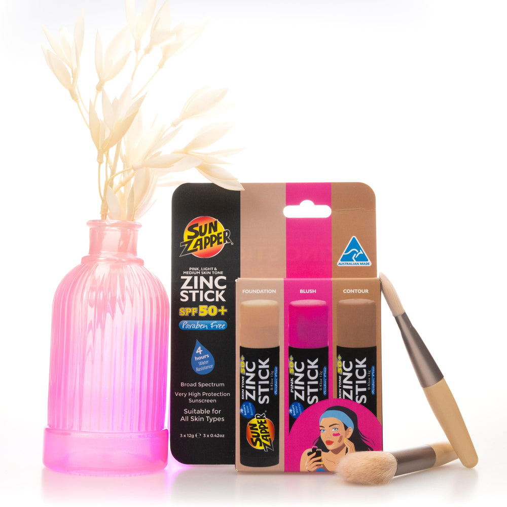 Sun Zapper Sunscreen Stick Pink Multiuse supports cheeks or lips with SPF 50+