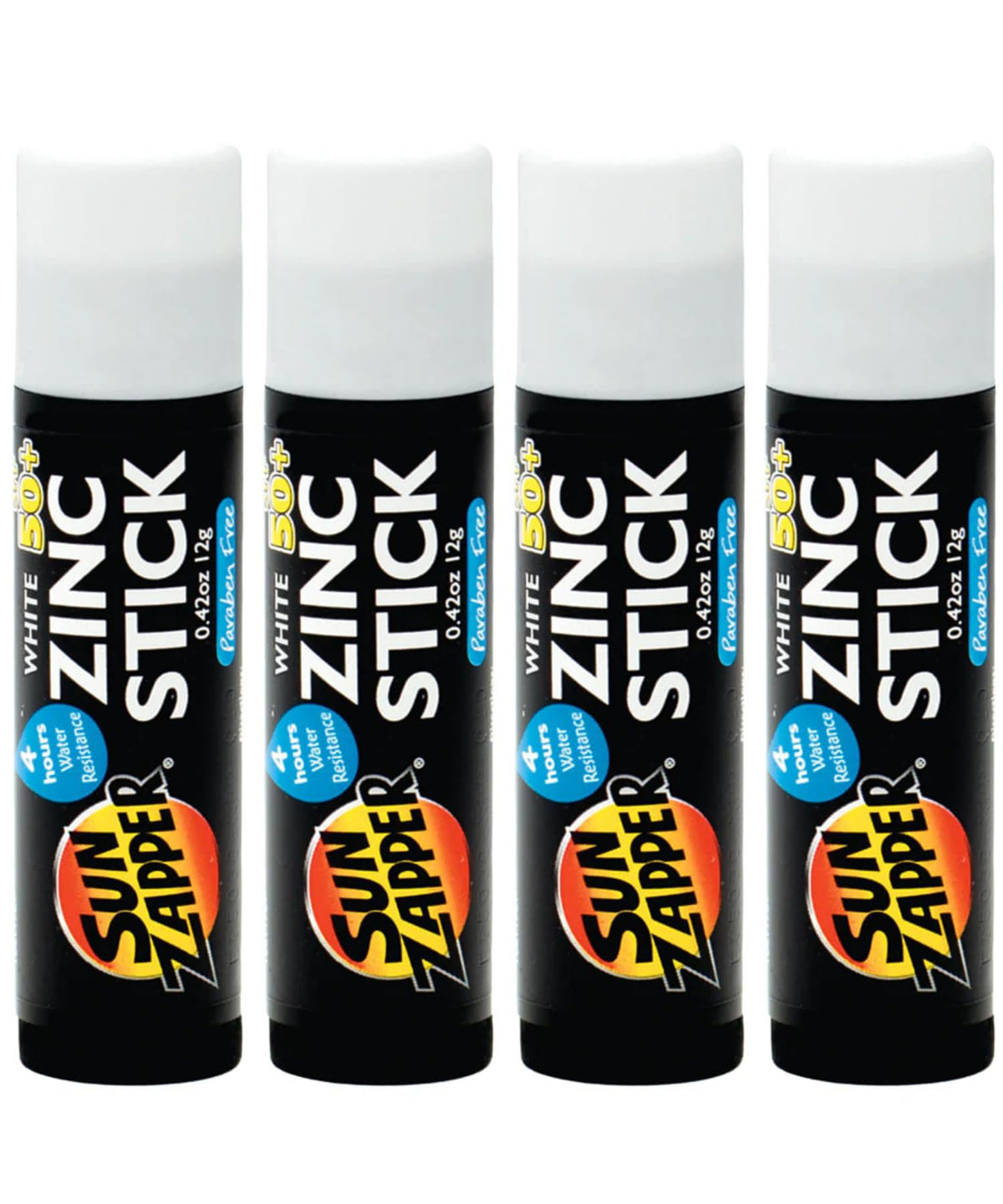 Sun Zapper sunscreen stick in white, 4-pack, water-resistant mineral protection against UVA/UVB.