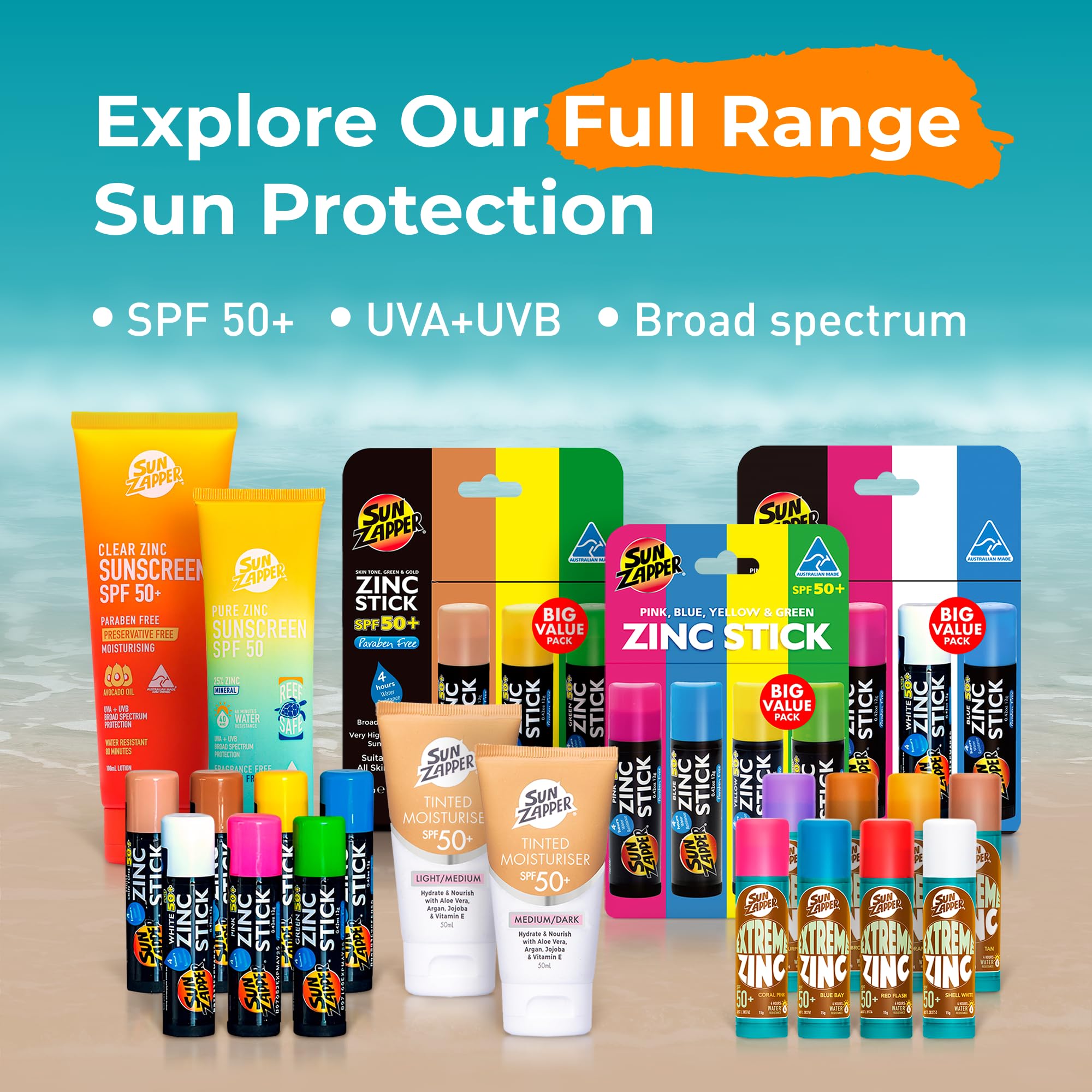 Sun Zapper water-resistant protection for active days.