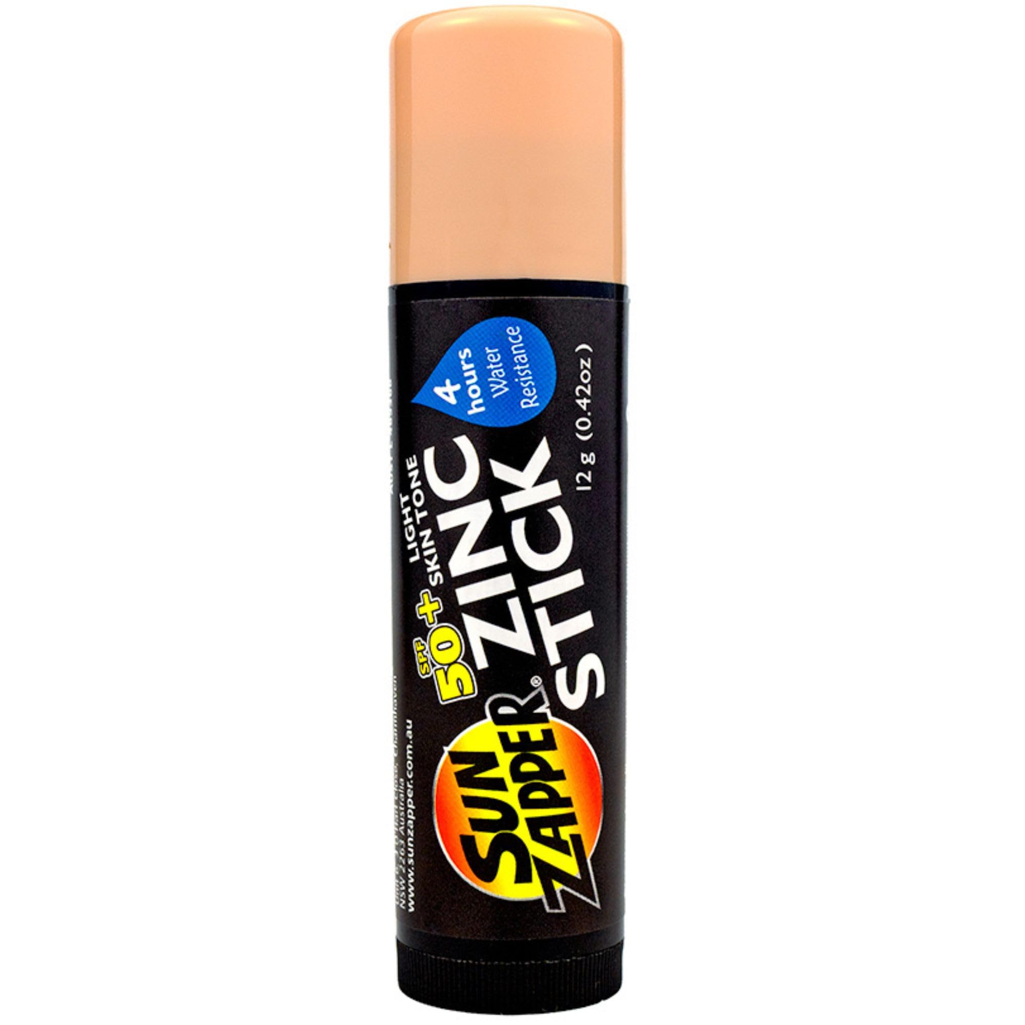 Sun Zapper zinc oxide sunscreen stick for light skin tone with SPF 50+ protection.