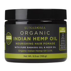 Sunaroma Organic Hair Pomade with Indian Hemp Oil bottle shows nourishing formula for thicker hair