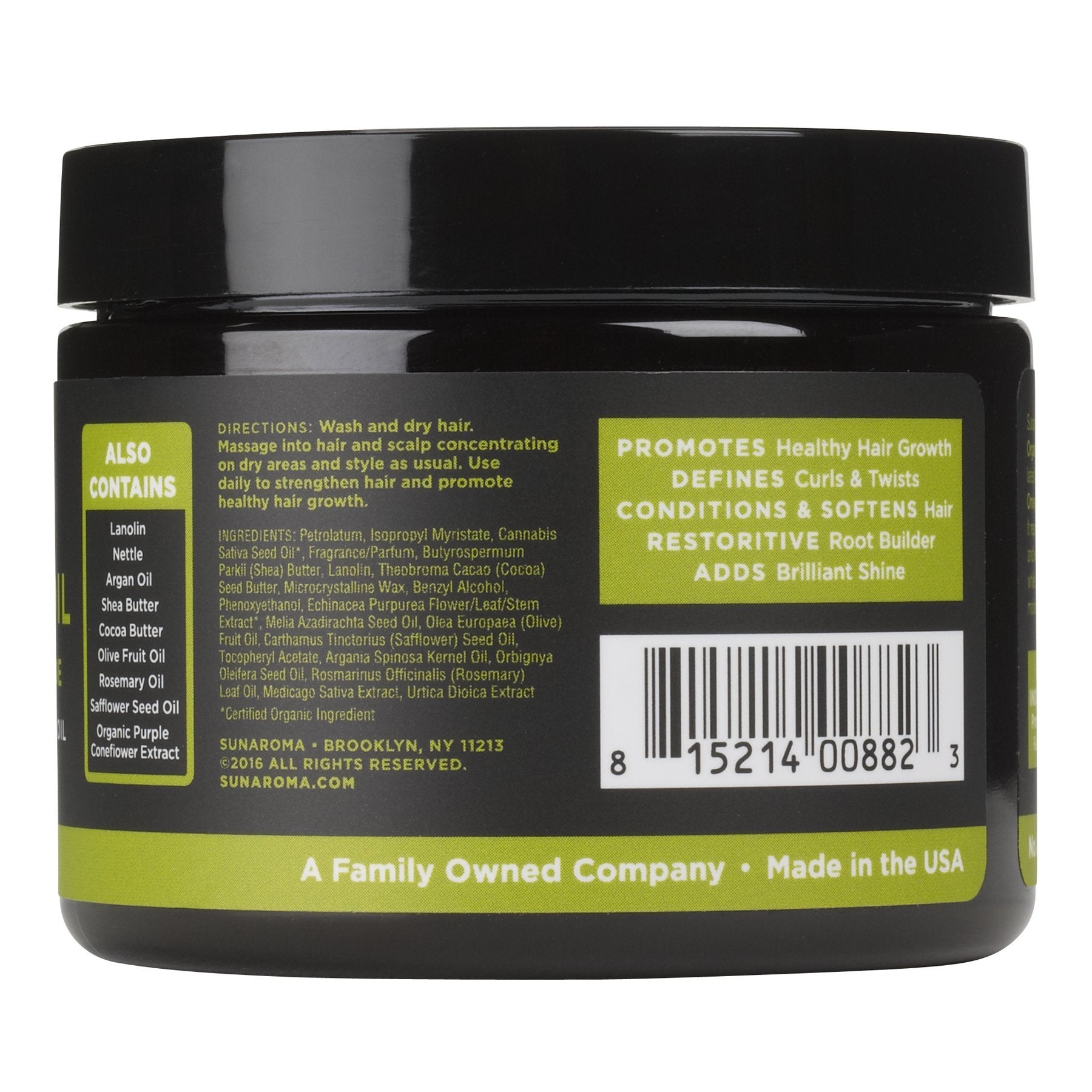 Sunaroma Organic Hair Pomade USA packaging emphasizes a clean, paraben-free formula