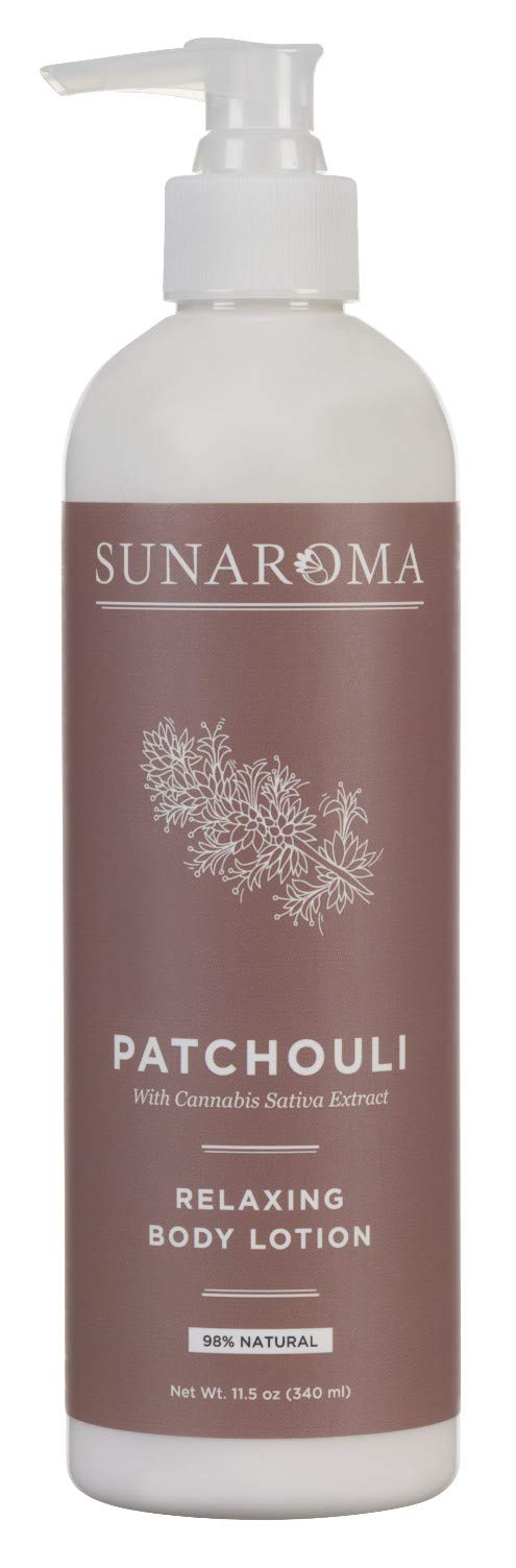 SUNAROMA Patchouli Lotion pump bottle soothes dry skin with a calming scent.