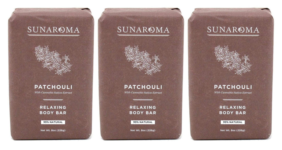 SUNAROMA Patchouli Soap Bar Pack front view for daily cleansing and calm routines.