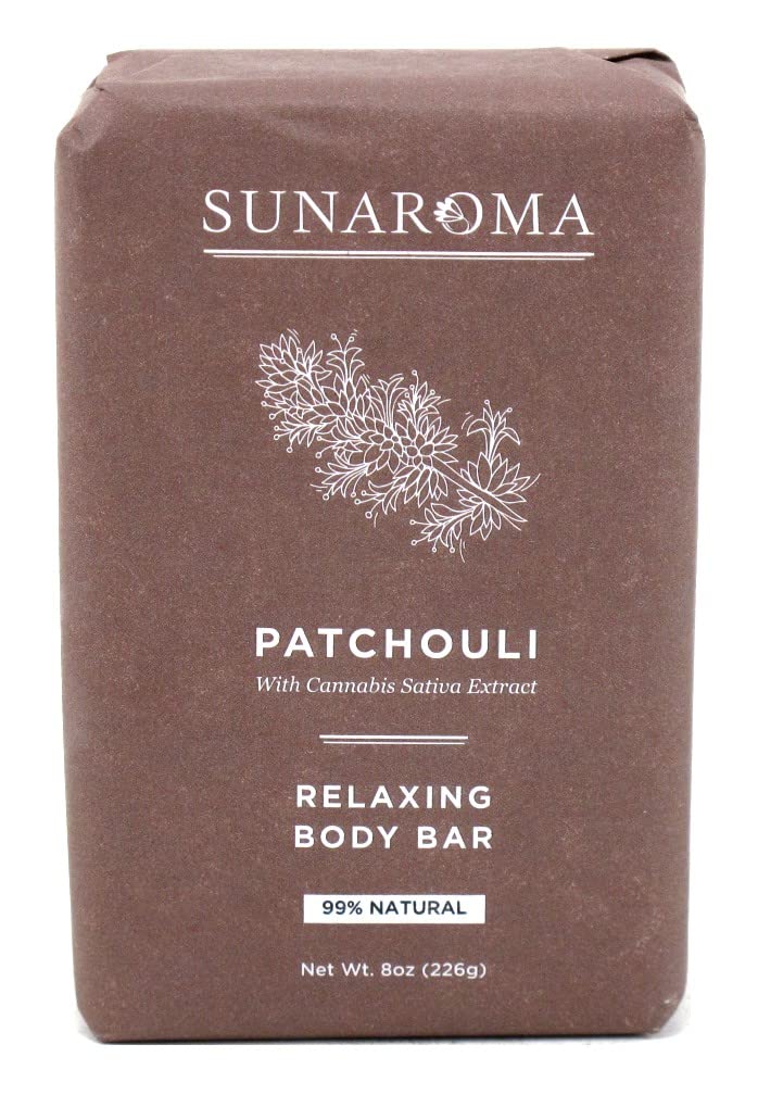 SUNAROMA Patchouli Soap Bar Pack label detail highlights natural, paraben-free ingredients.