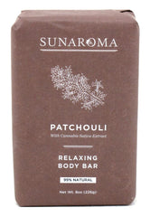 SUNAROMA Patchouli Soap Bar Pack label detail highlights natural, paraben-free ingredients.