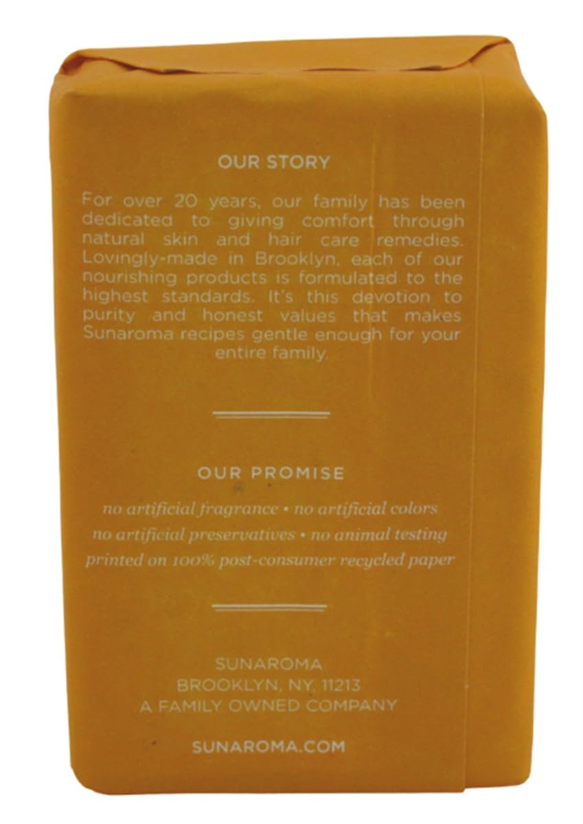 Sunaroma soap bar close-up shows creamy lather with shea butter.