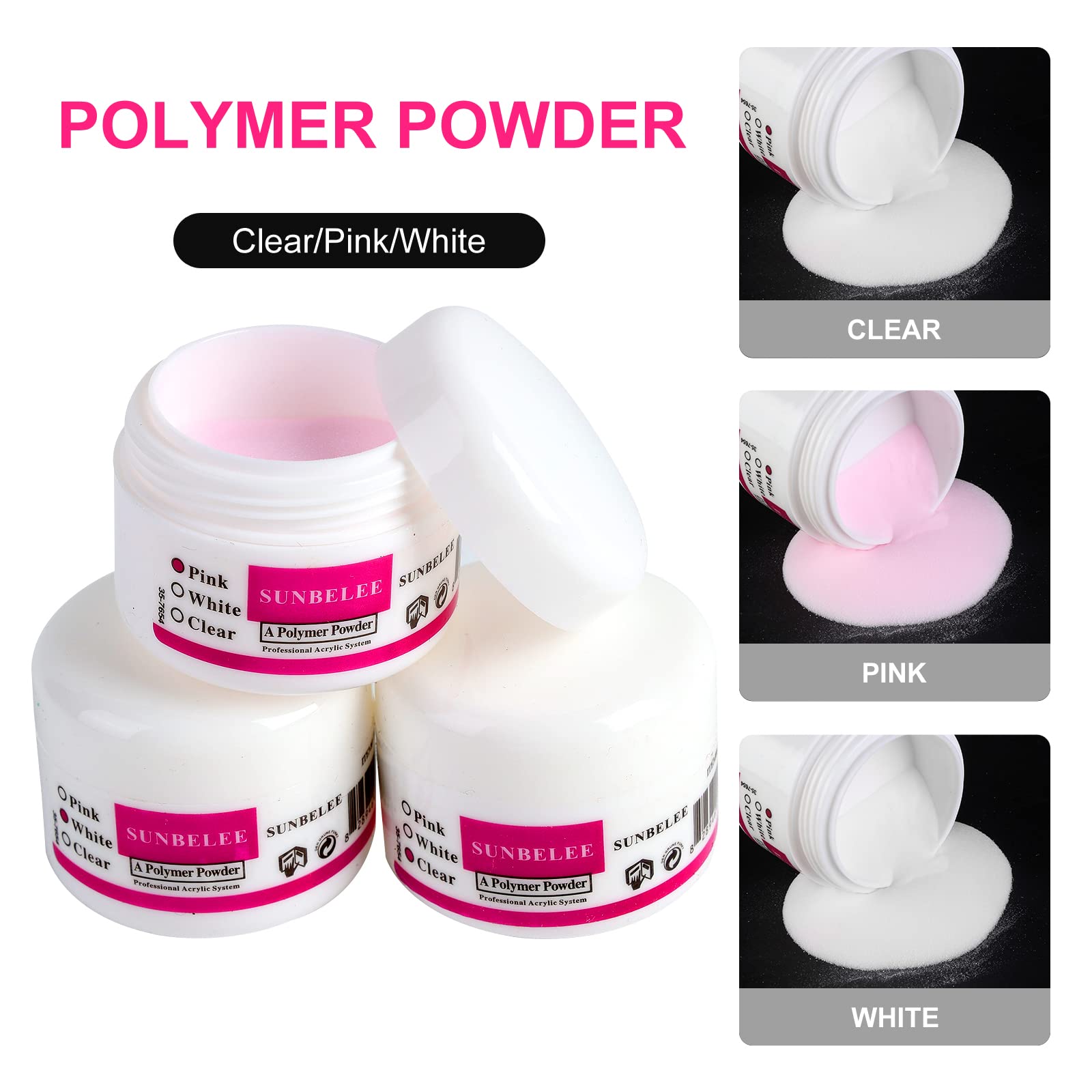 SUNBELEE glitter acrylic powder 12 colors for creative nail art.