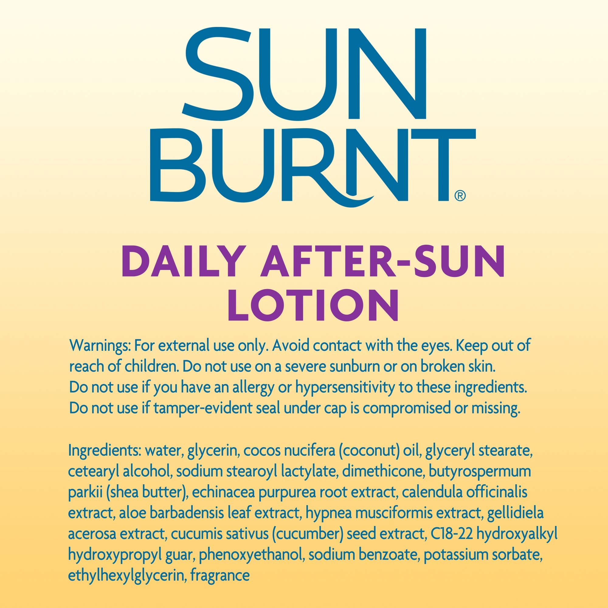 SunBurnt Advanced After-Sun Lotion ingredients label highlights coconut oil, cucumber, and algae.
