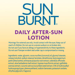 SunBurnt Advanced After-Sun Lotion ingredients label highlights coconut oil, cucumber, and algae.