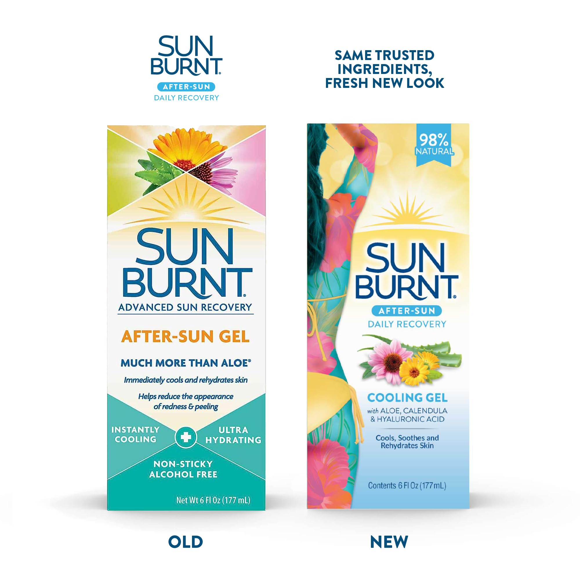 Sunburnt EMCW9 ingredients featuring aloe vera, calendula and echinacea for soothing care.