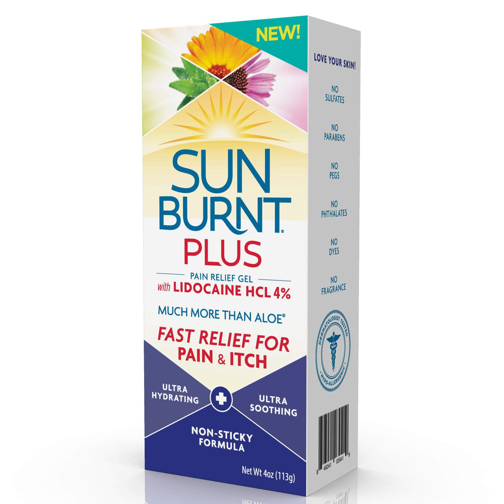 Sunburnt Plus zero-sulfates-parabens badge highlights clean formulation