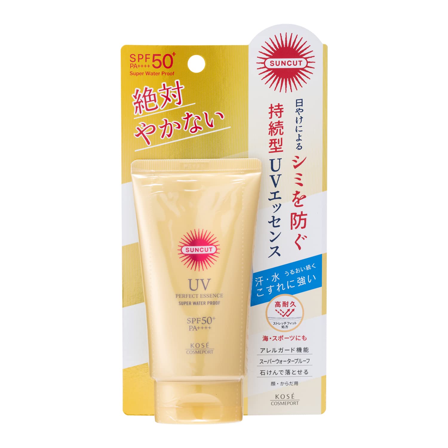 Suncut KOSE Perfect UV Essence Unscented 60g pump dispenser for easy application.