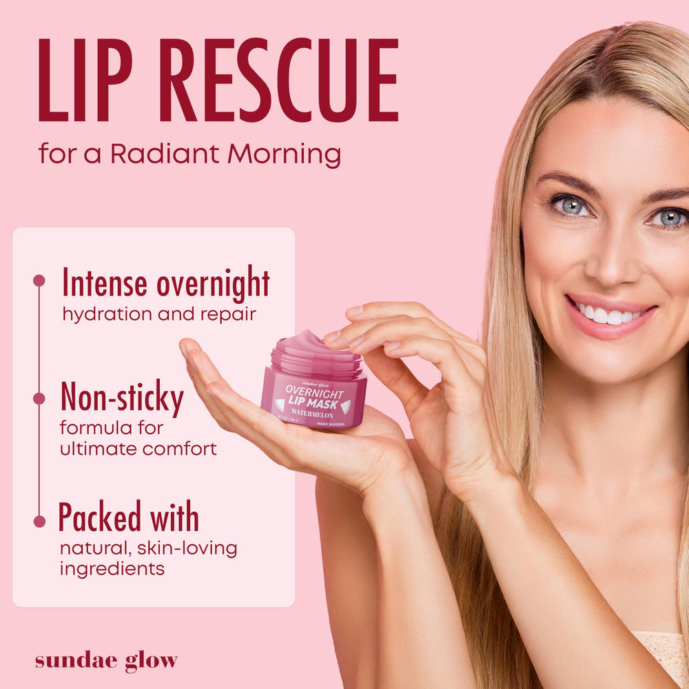 Sundae Glow lip mask packaging highlights clean, natural formula in a dermatologist-tested lip care
