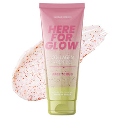 Sunday Essence Face Scrub bottle shows collagen and peptides for smoother, hydrated skin.