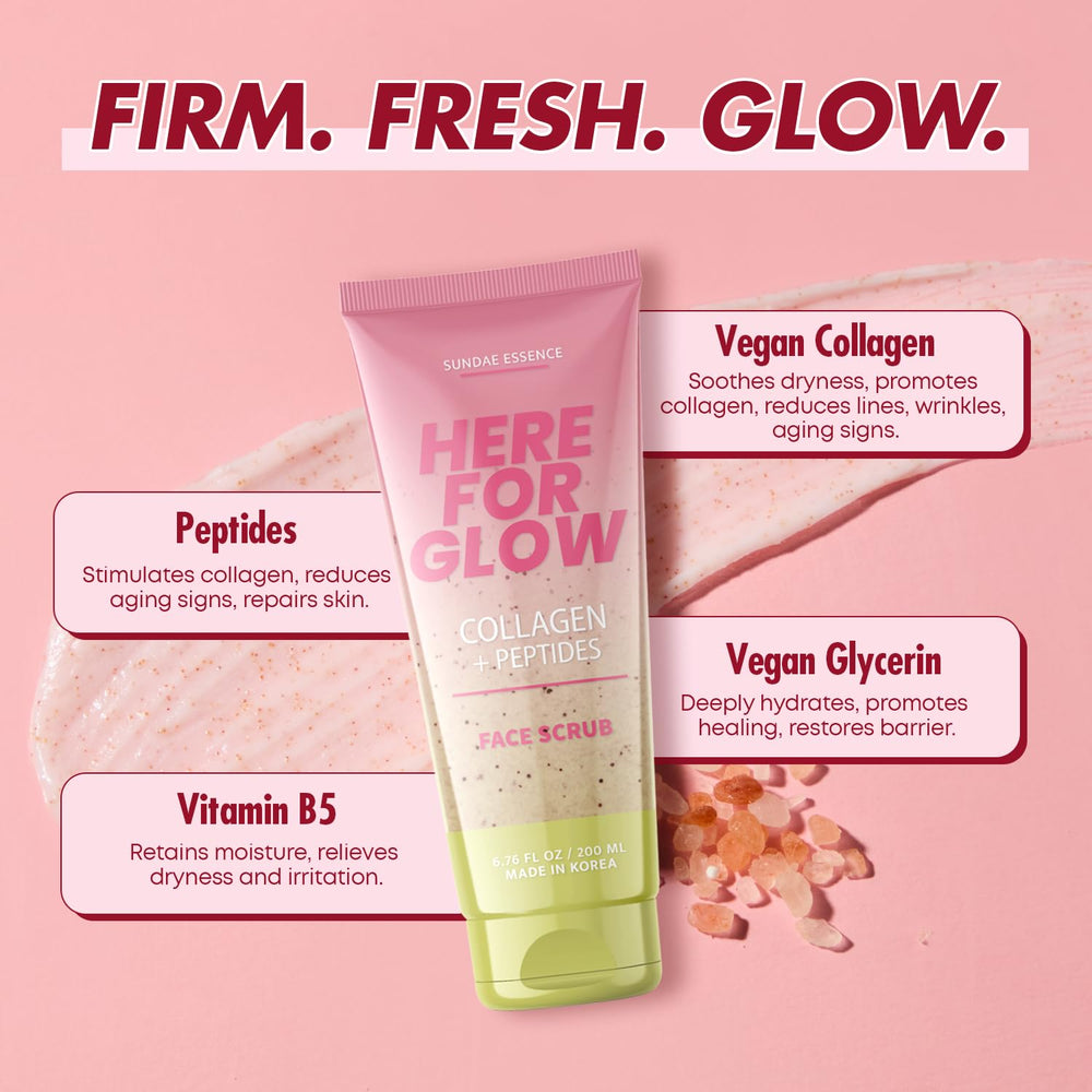 Sunday Essence scrub on damp skin demonstrates gentle circular massage technique.