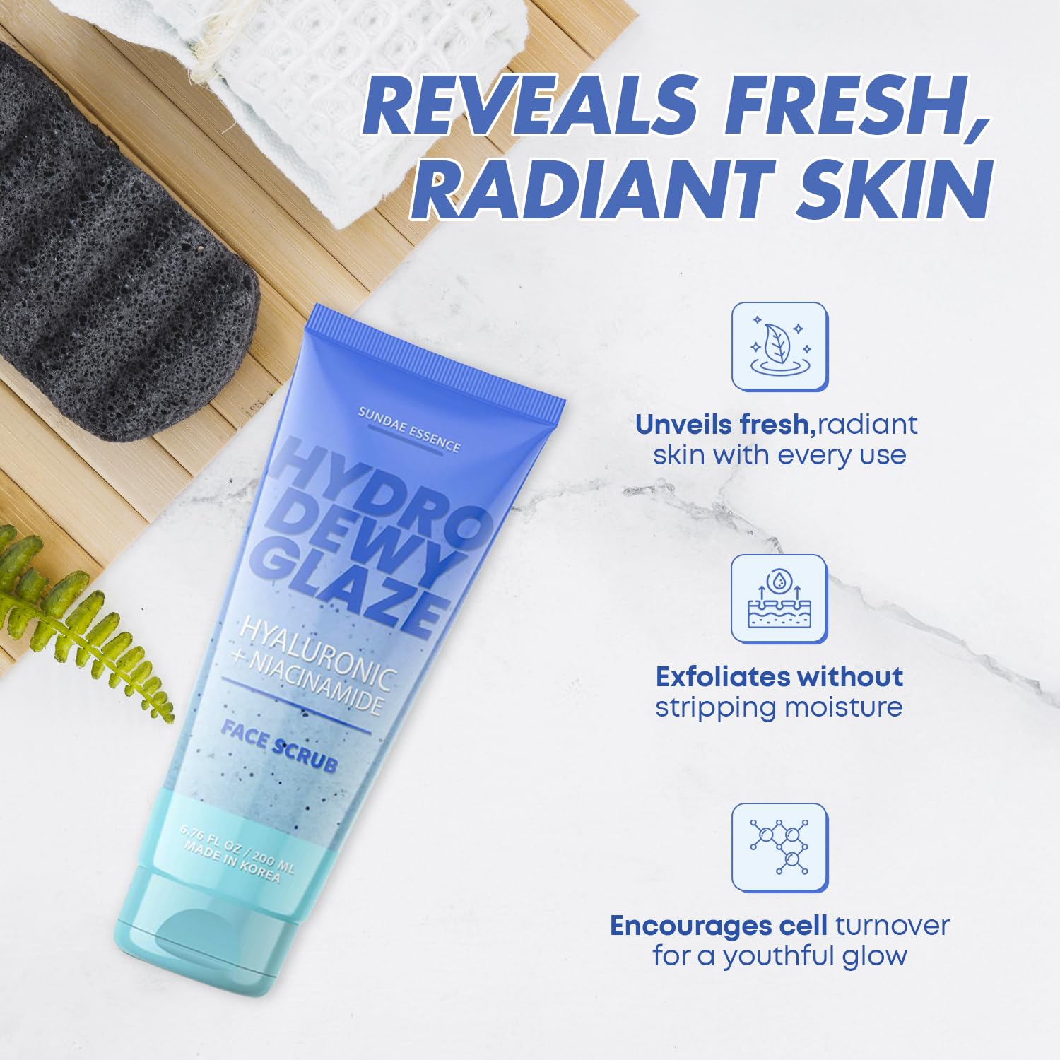 Close-up of exfoliating grains in Sunday Essence Face Scrub for smoother skin texture.
