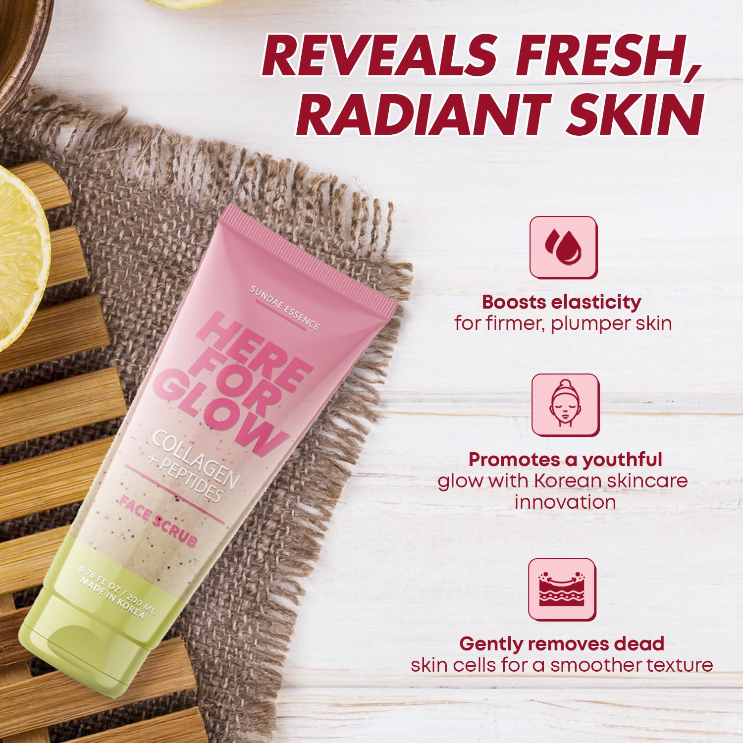 Close-up of Sunday Essence vegan collagen ingredients in the scrub for skin-friendly care.