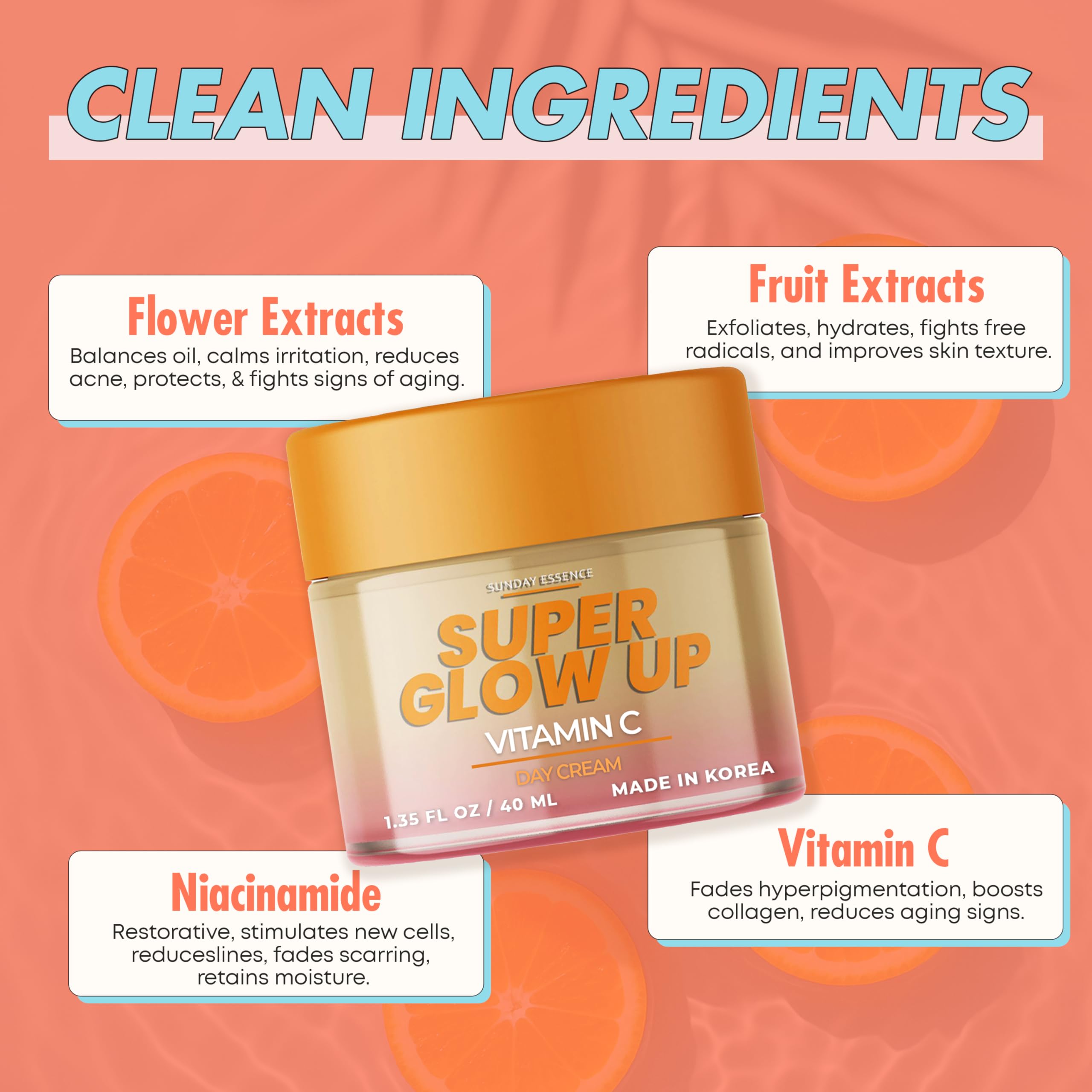 Sunday Essence Vitamin C Day Cream tube packaging highlighting clean, dermatologist-tested formula.