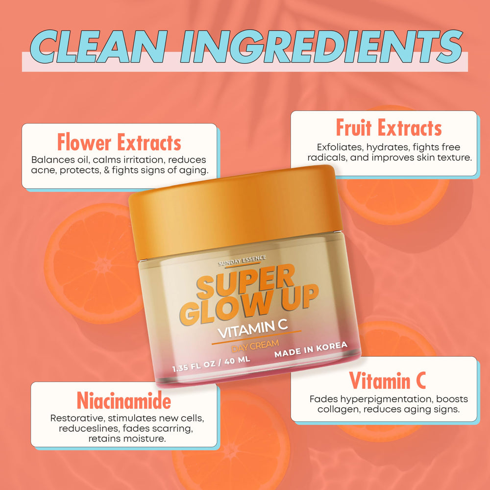 Sunday Essence Vitamin C Day Cream tube packaging highlighting clean, dermatologist-tested formula.