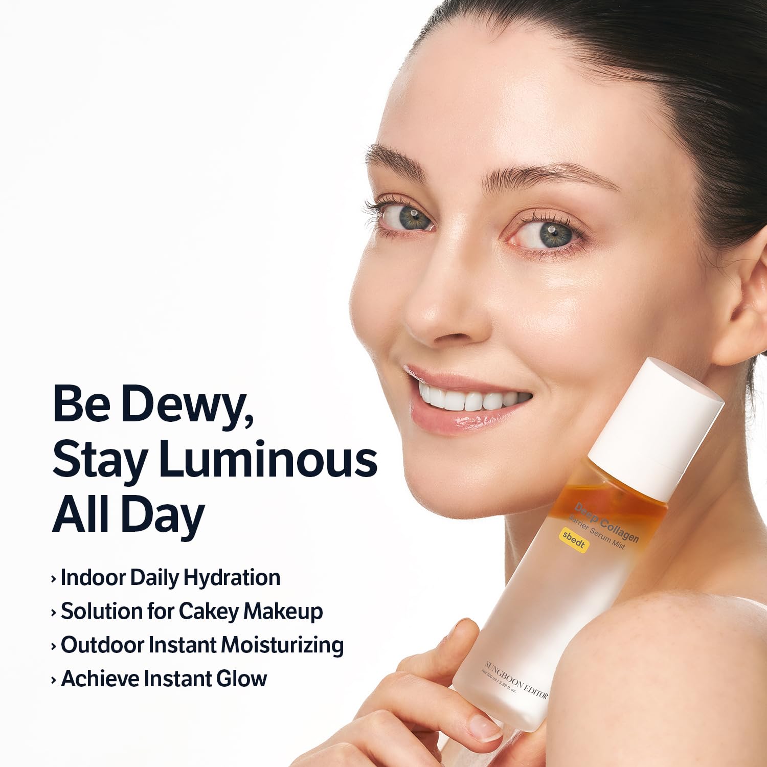 SUNGBOON EDITOR Deep Collagen Barrier Serum Mist spray close-up showing dewy finish